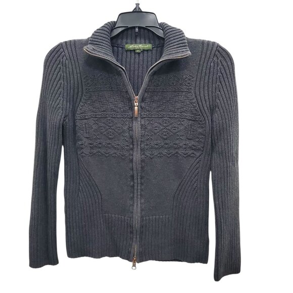 Eddie Bauer Petite Charcoal‎ Textured Double Zip Up Cable Knit Cardigan USA SP - Picture 1 of 6